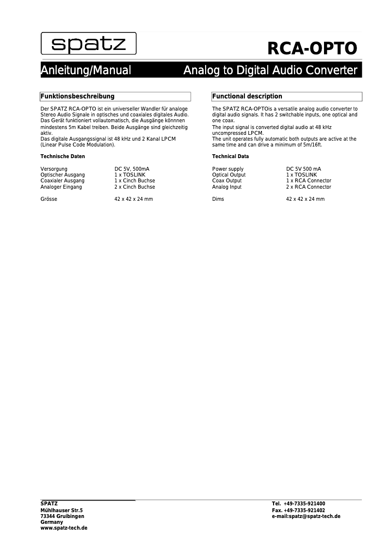 Página 1 del manual Manual de usuario Spatz RCA-OPTO
