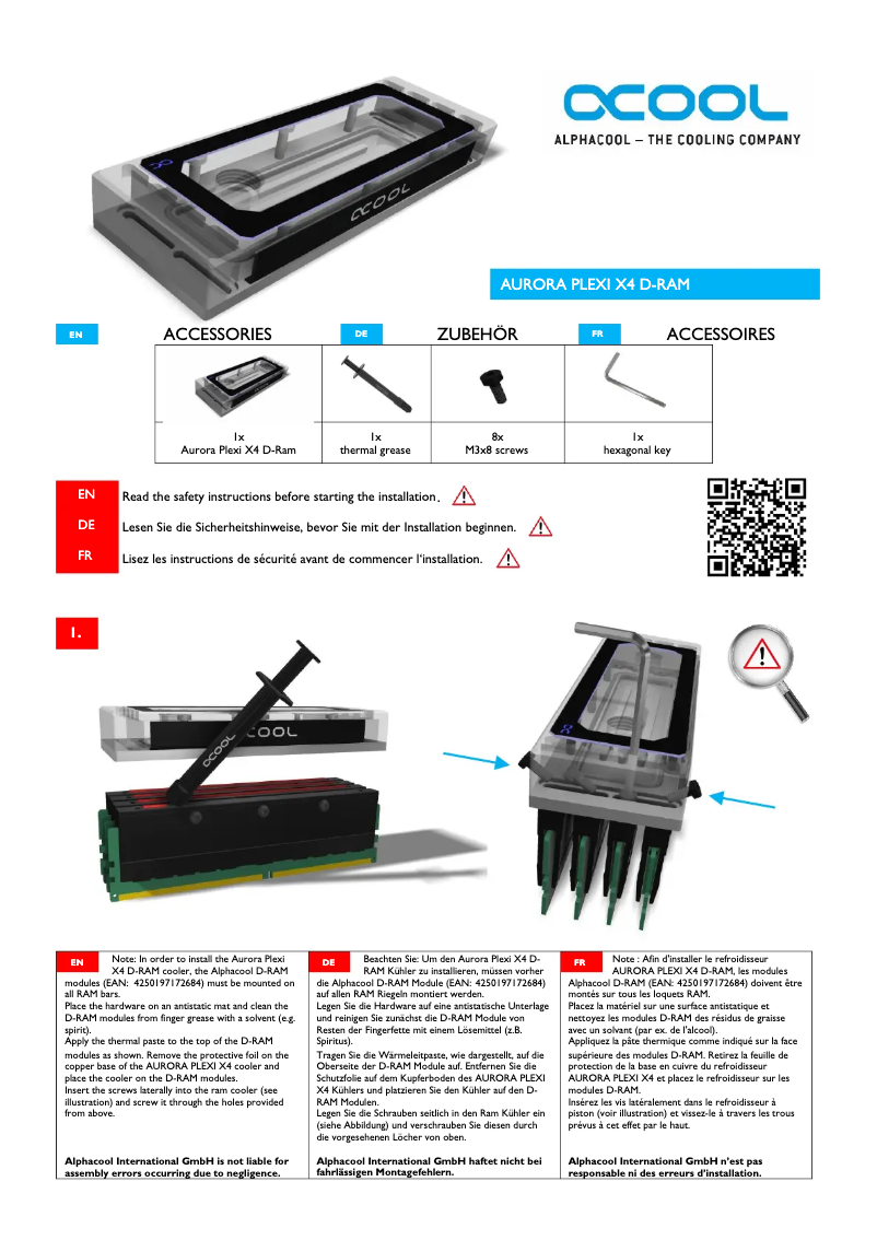 Page 1 de la notice Manuel utilisateur Alphacool Aurora Plexi X4 D-RAM