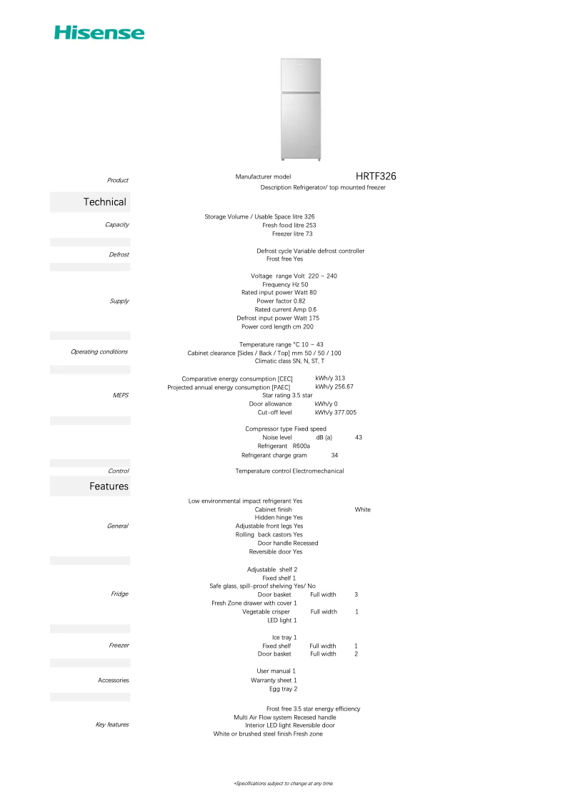 Page 1 de la notice Fiche technique Hisense HRTF326