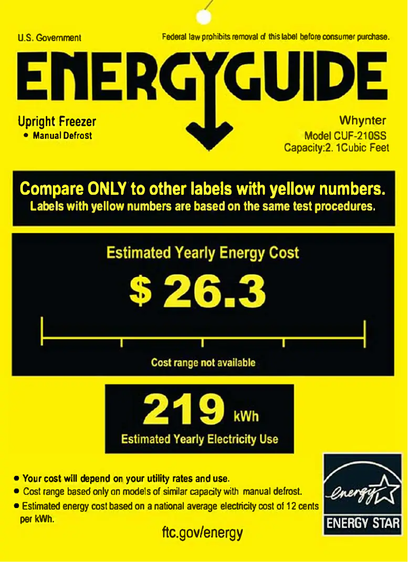 Page 1 de la notice Label énergétique Whynter CUF-210SS