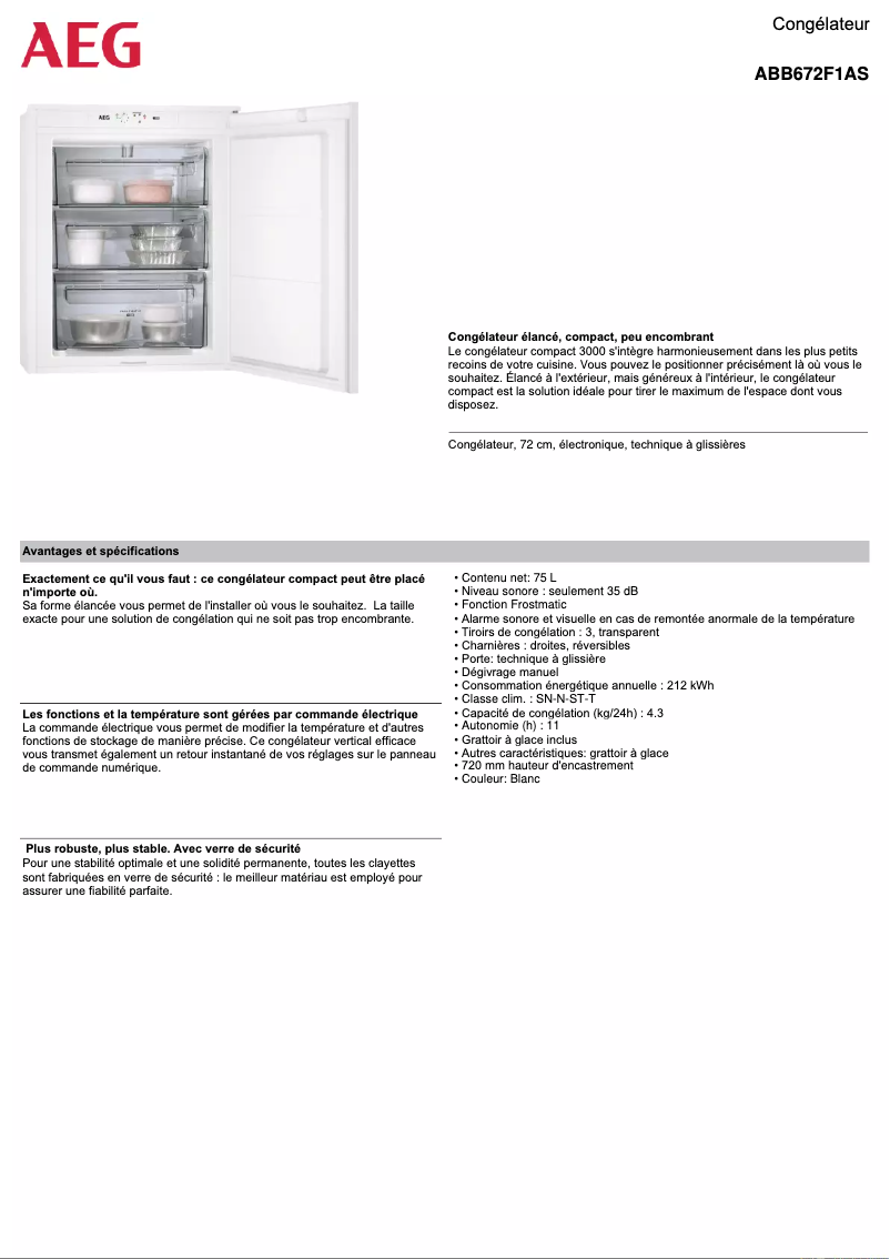 Page 1 de la notice Fiche technique AEG ABB672F1AS