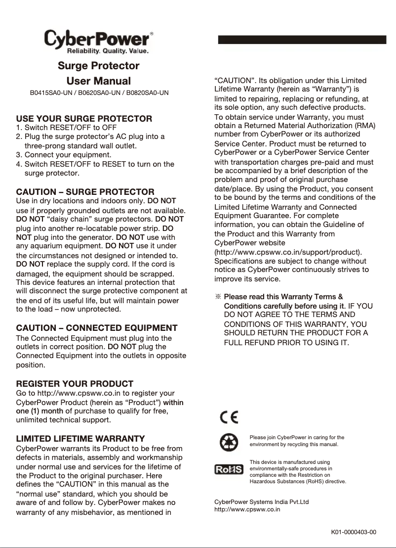 Page 1 de la notice Manuel utilisateur CyberPower B0415SA0