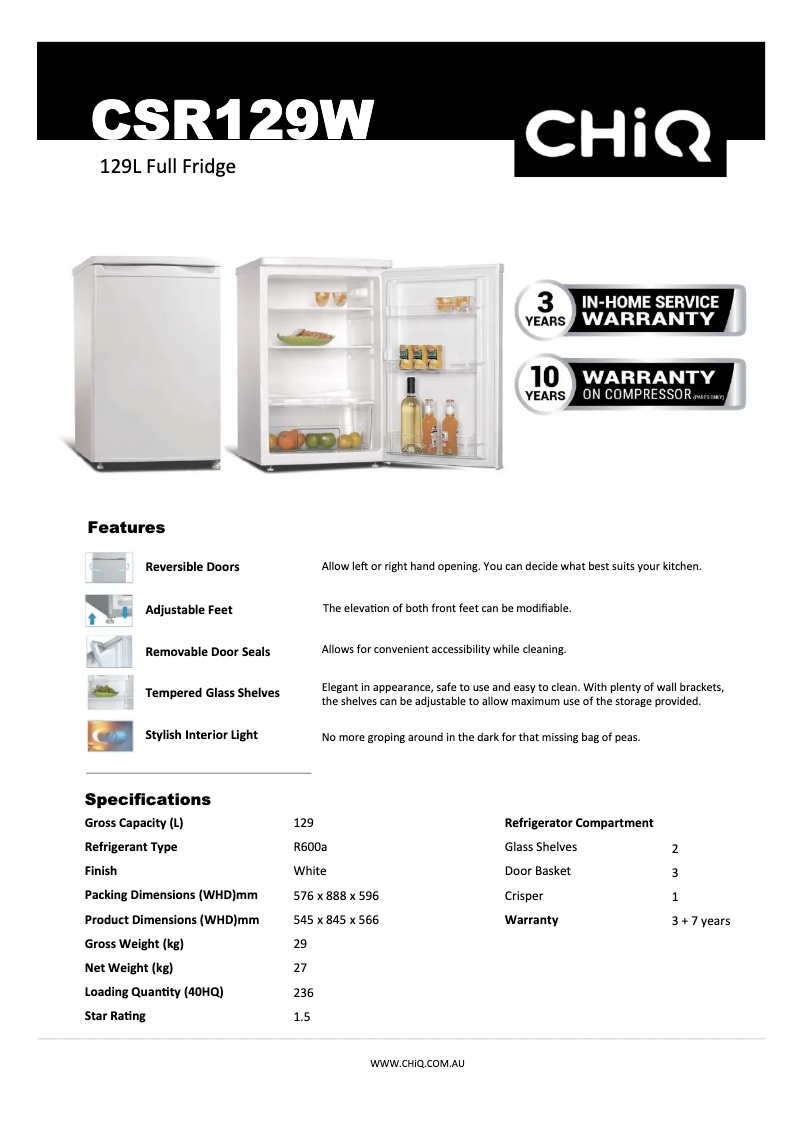 Page 1 de la notice Fiche technique CHiQ CSR129W