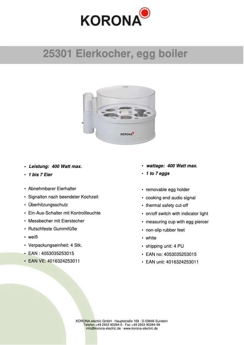Page 1 de la notice Fiche technique Korona 25301