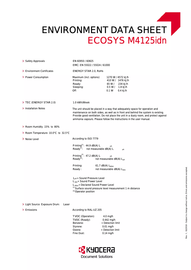 Page 1 de la notice Fiche technique Kyocera ECOSYS M4125idn