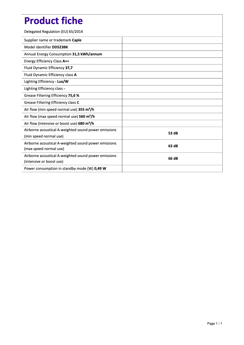 Page n°1 - Fiche technique Caple DD523BK