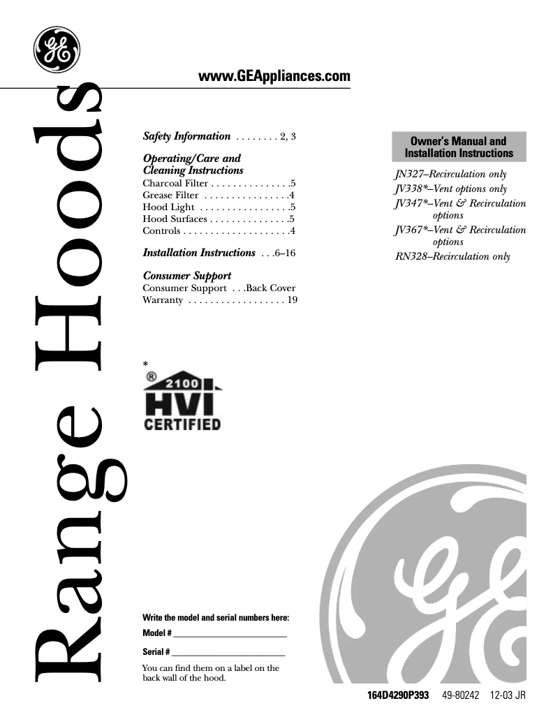 Página 1 del manual Manual de usuario GE JV338HWW