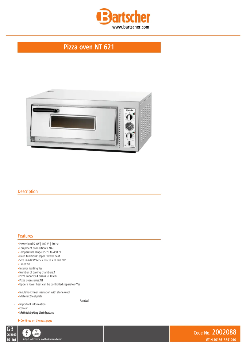 Page 1 de la notice Fiche technique Bartscher NT 621
