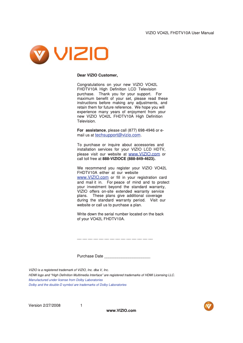 Page 1 de la notice Manuel utilisateur VIZIO VO42LFHDTV10A