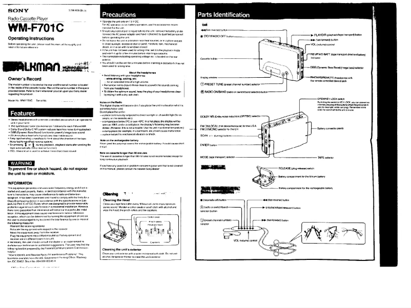 Page 1 de la notice Manuel utilisateur Sony Walkman WM-F701C