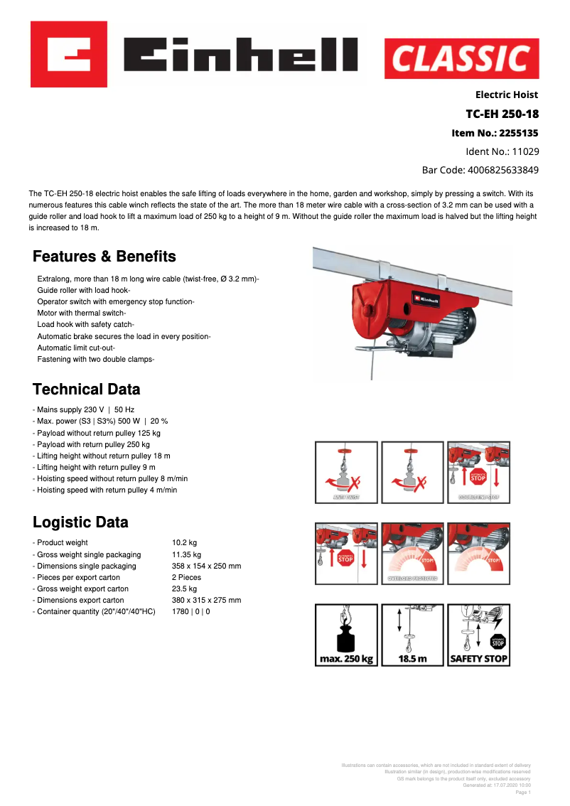 Page 1 de la notice Fiche technique Einhell TC-EH 250-18