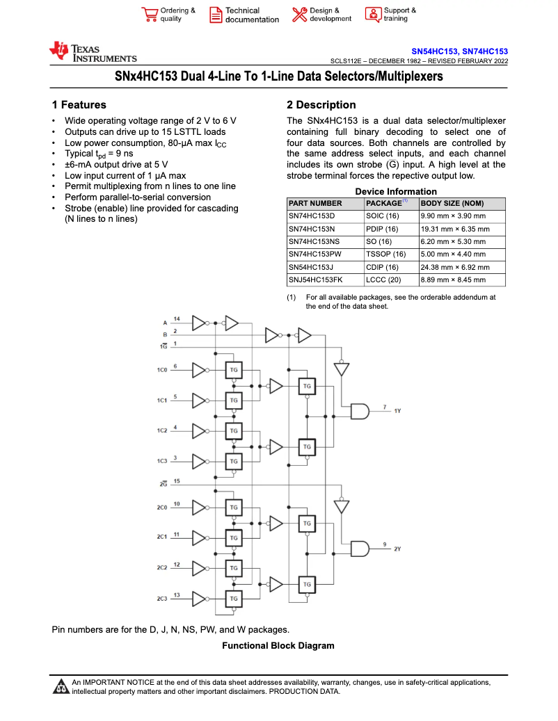 Page 1 de la notice Manuel utilisateur Texas Instruments SN74HC153N