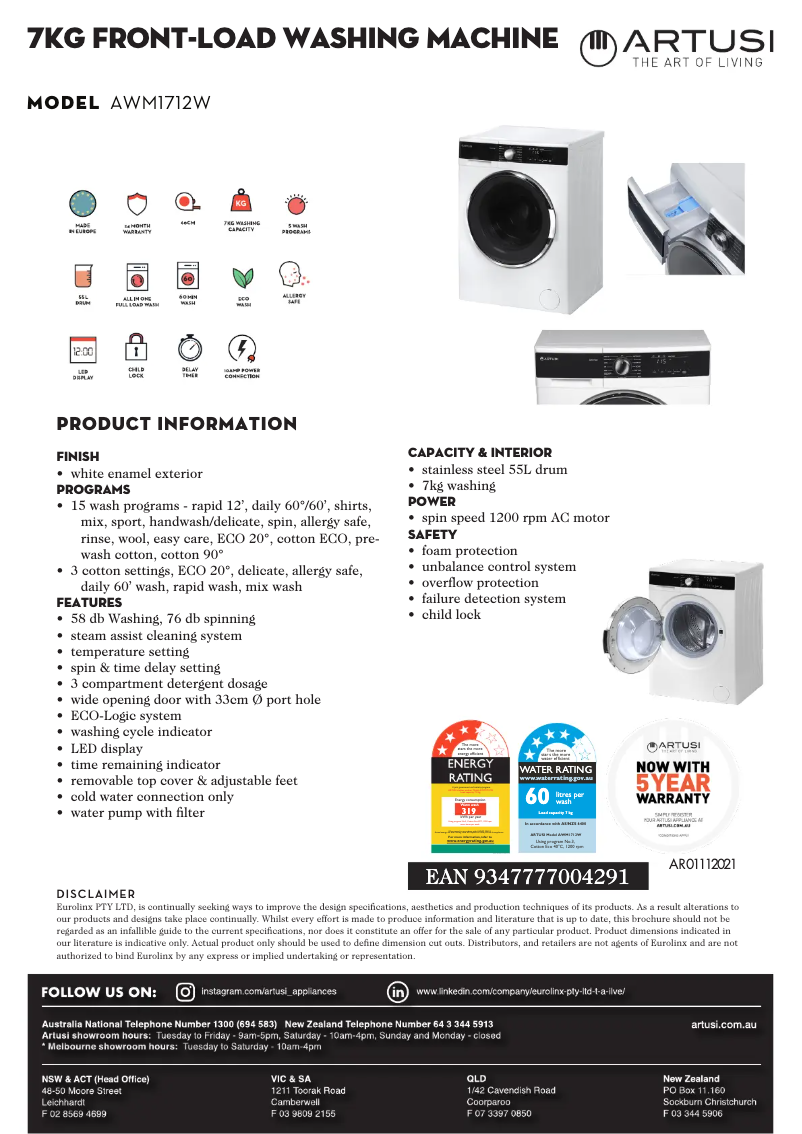 Page 1 of the manual Technical Sheet Artusi AWM1712W