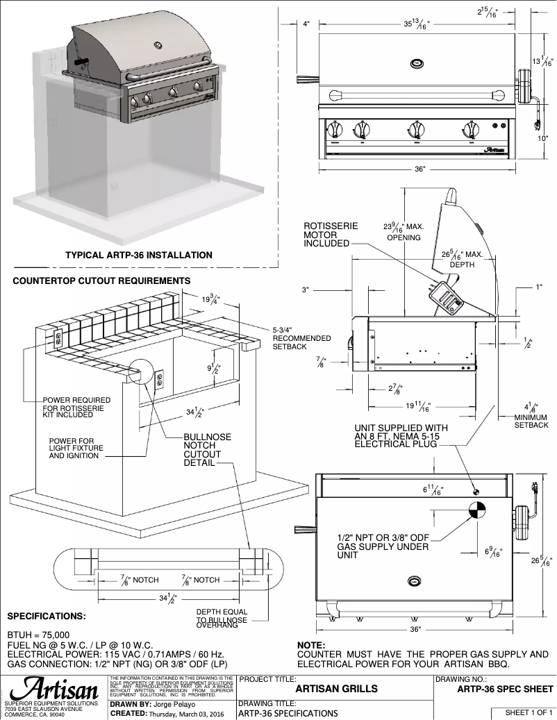 Página 1 del manual Ficha técnica Artisan ARTP-36