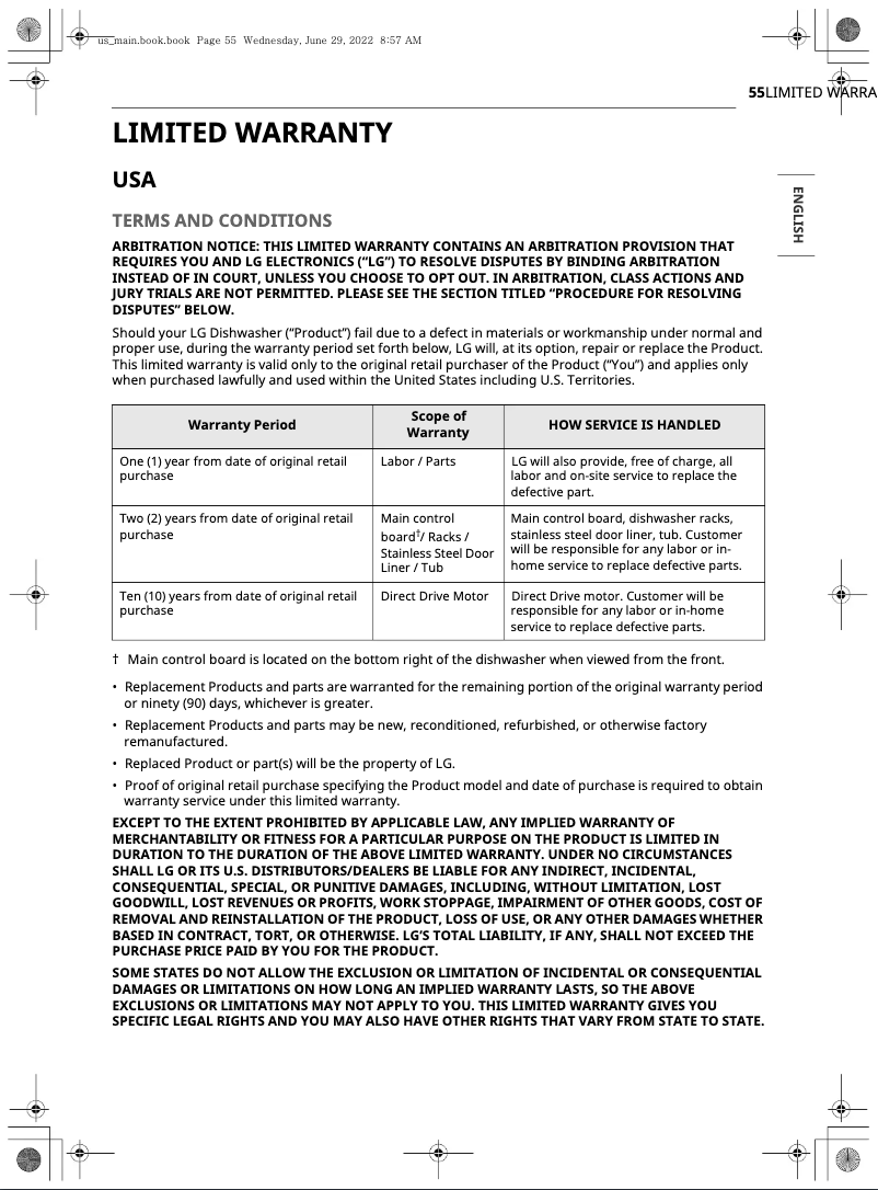Page 1 de la notice Informations de garantie LG LDTH7972D