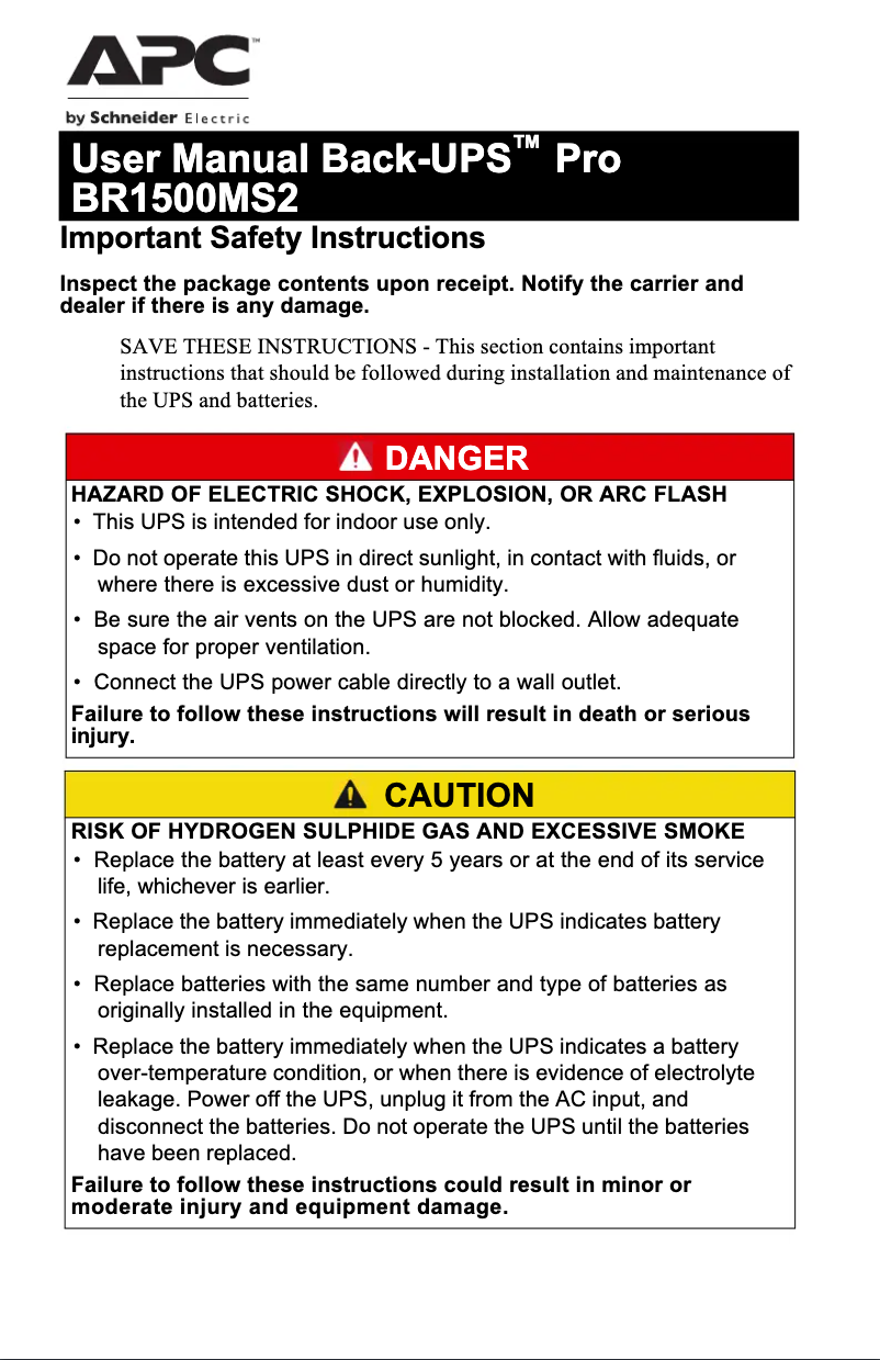 Page 1 de la notice Manuel utilisateur APC Back-UPS Pro BR1500MS2