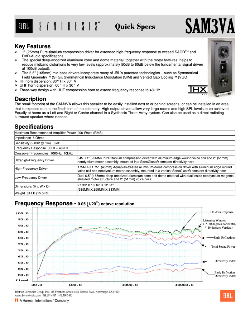 Page 1 de la notice Fiche technique JBL Synthesis SAM3VA