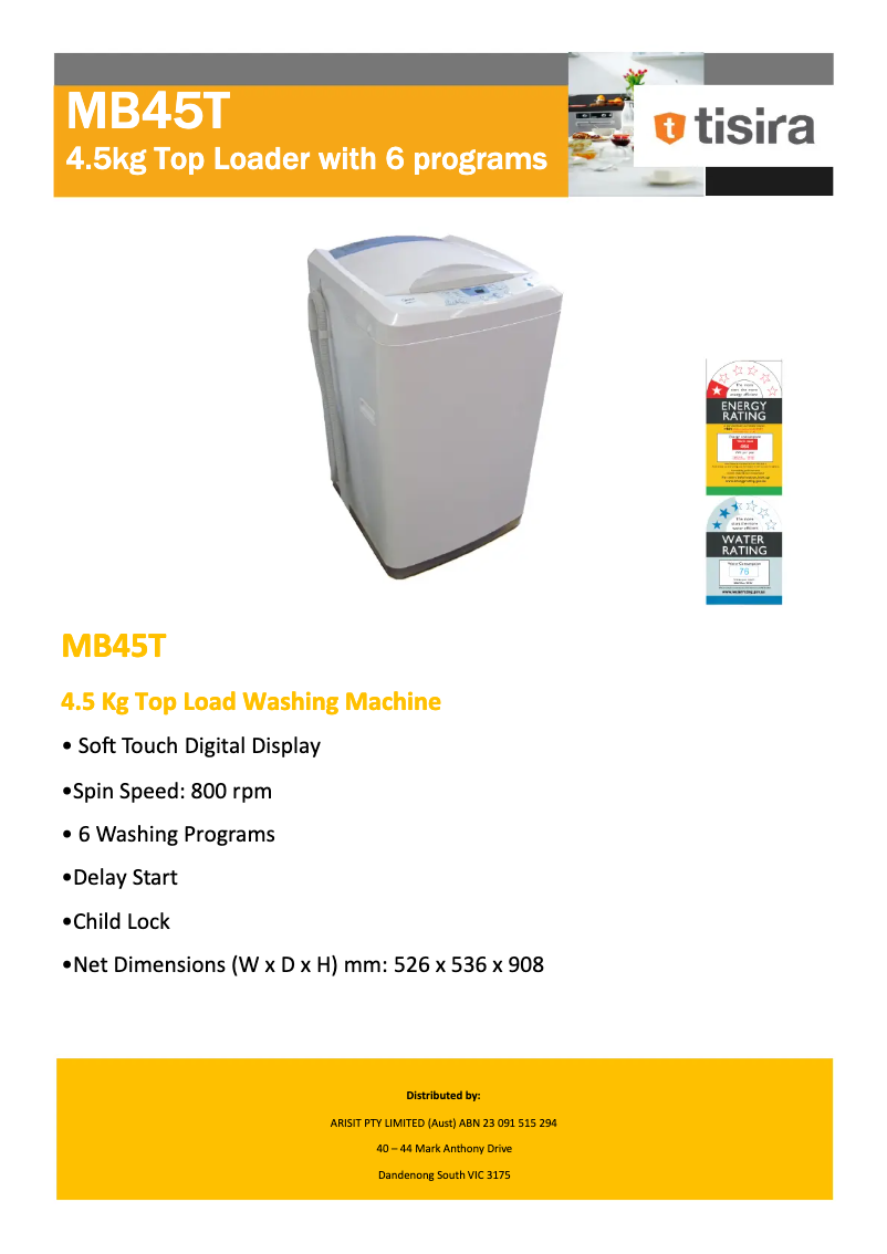 Page 1 de la notice Fiche technique Tisira MB45T