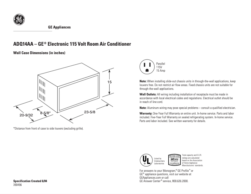 Página 1 del manual Ficha técnica GE ADQ14AA