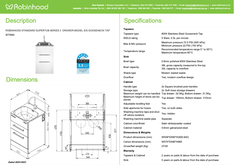 Page 1 de la notice Fiche technique Robinhood ST7003
