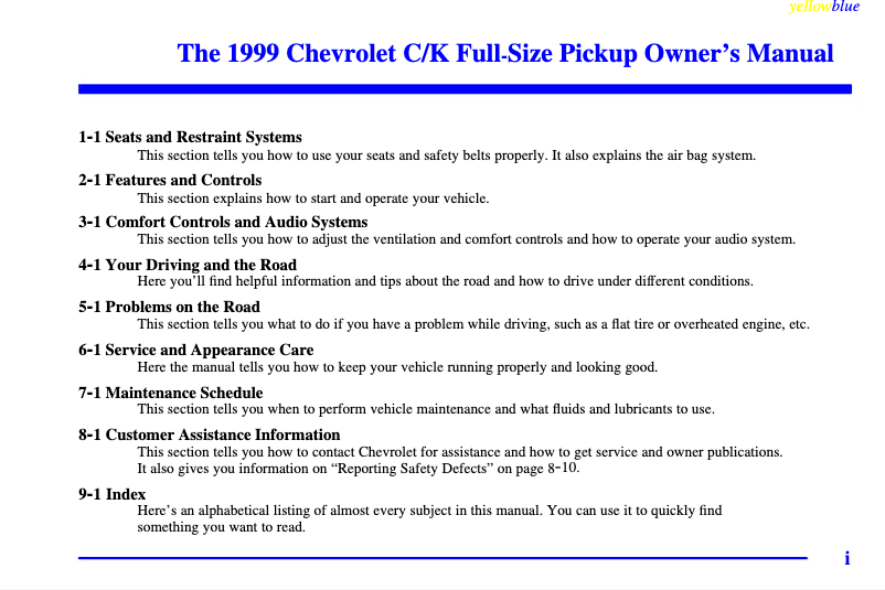 Page 1 de la notice Manuel utilisateur Chevrolet Metro (1999)