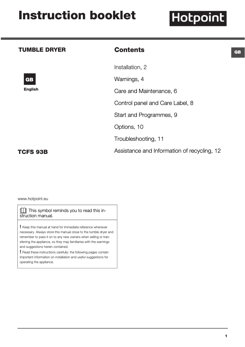 Page n°1 - Manuel utilisateur Hotpoint TCFS 93B GP.9 (UK)