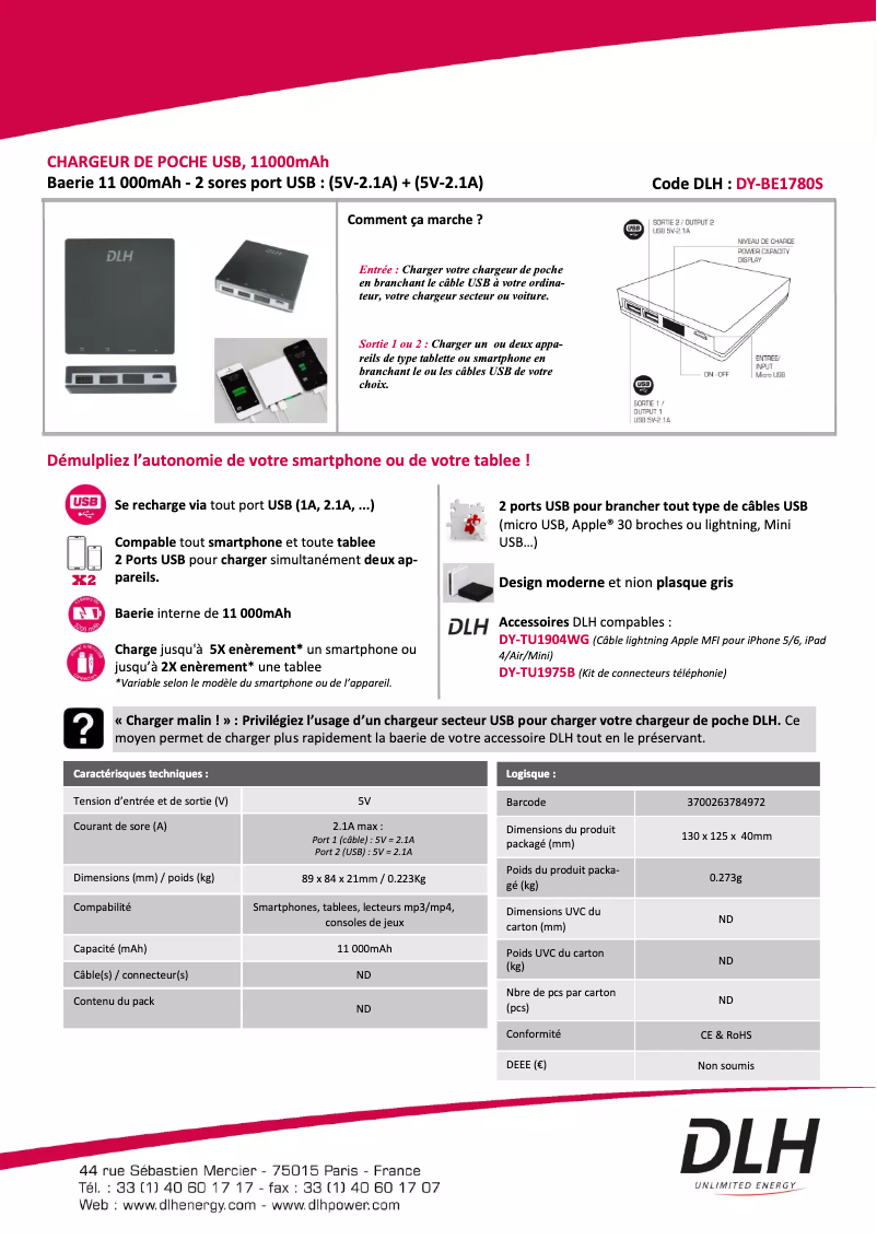 Page n°1 - Manuel utilisateur DLH DY-BE1780S