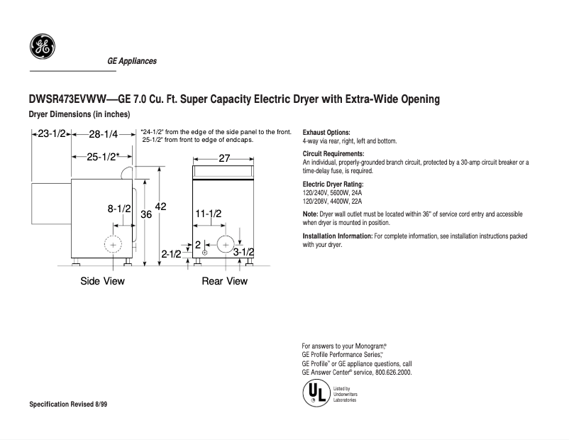 Page n°1 - Fiche technique GE DWSR473EVWW