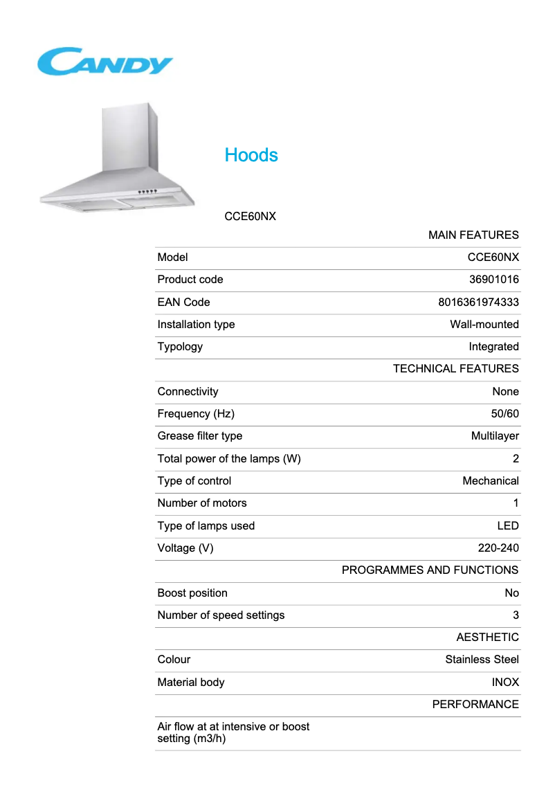 Page 1 de la notice Fiche technique Candy CCE60NX
