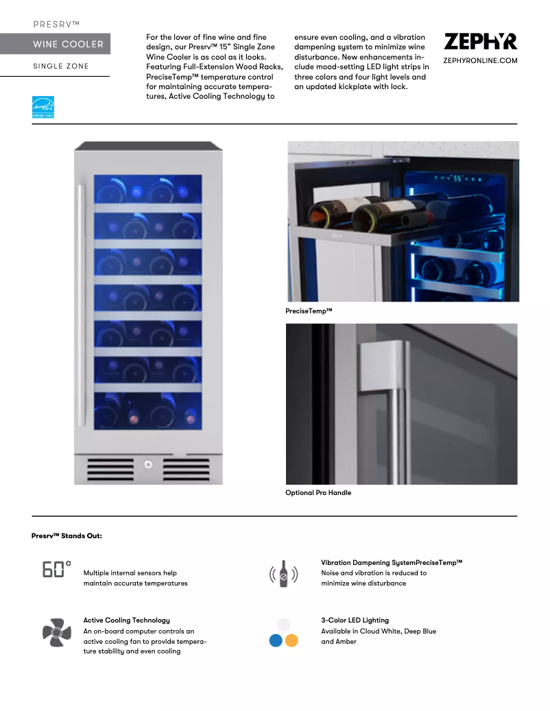 Page 1 de la notice Fiche technique Zephyr Presrv PRW15C01CG