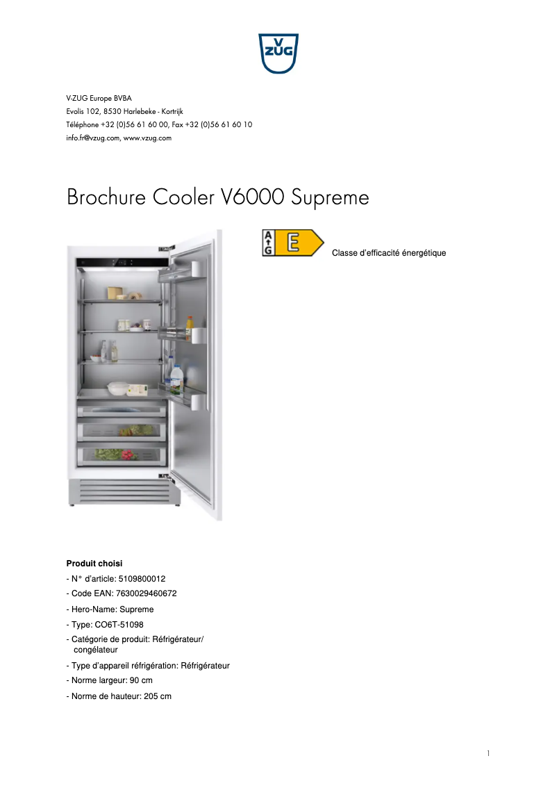 Page 1 de la notice Brochure V-Zug Cooler V6000 Supreme