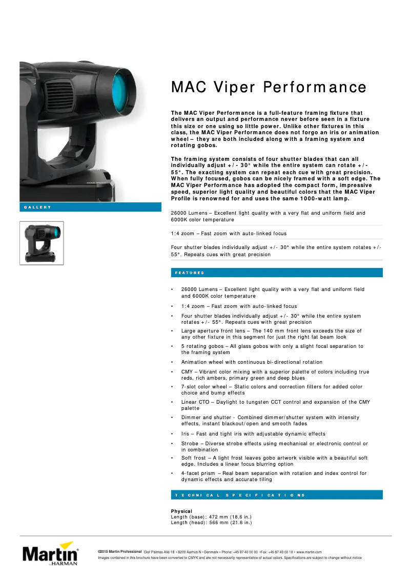 Page 1 de la notice Fiche technique Martin MAC Viper Performance
