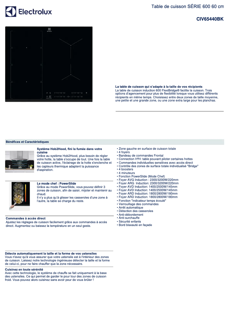 Page 1 de la notice Fiche technique Electrolux CIV65440BK