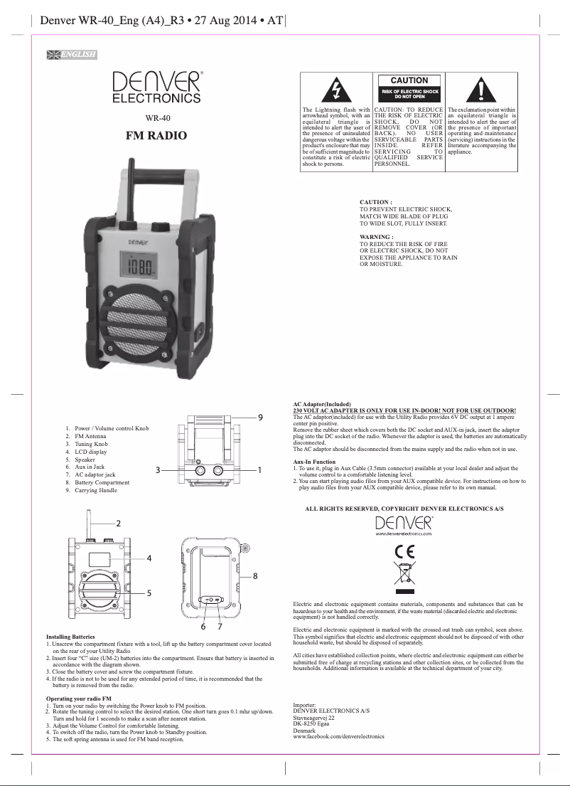 Page 1 de la notice Manuel utilisateur Denver WR-40