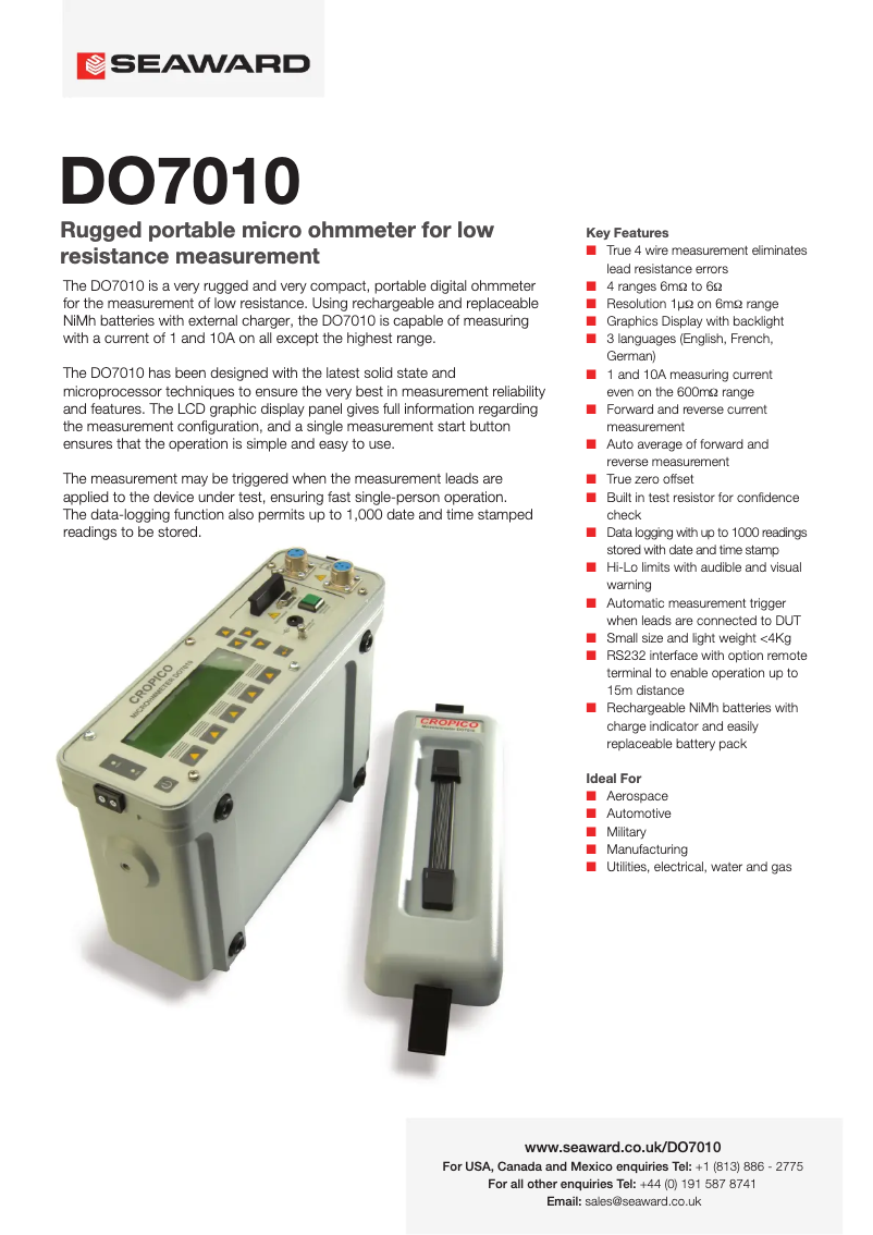Page 1 de la notice Fiche technique Seaward DO7010