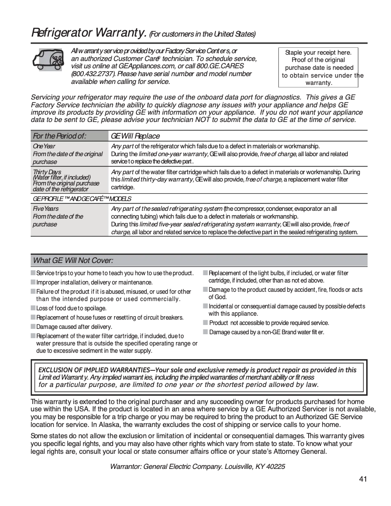 Page 1 de la notice Informations de garantie GE GDE21EMKES