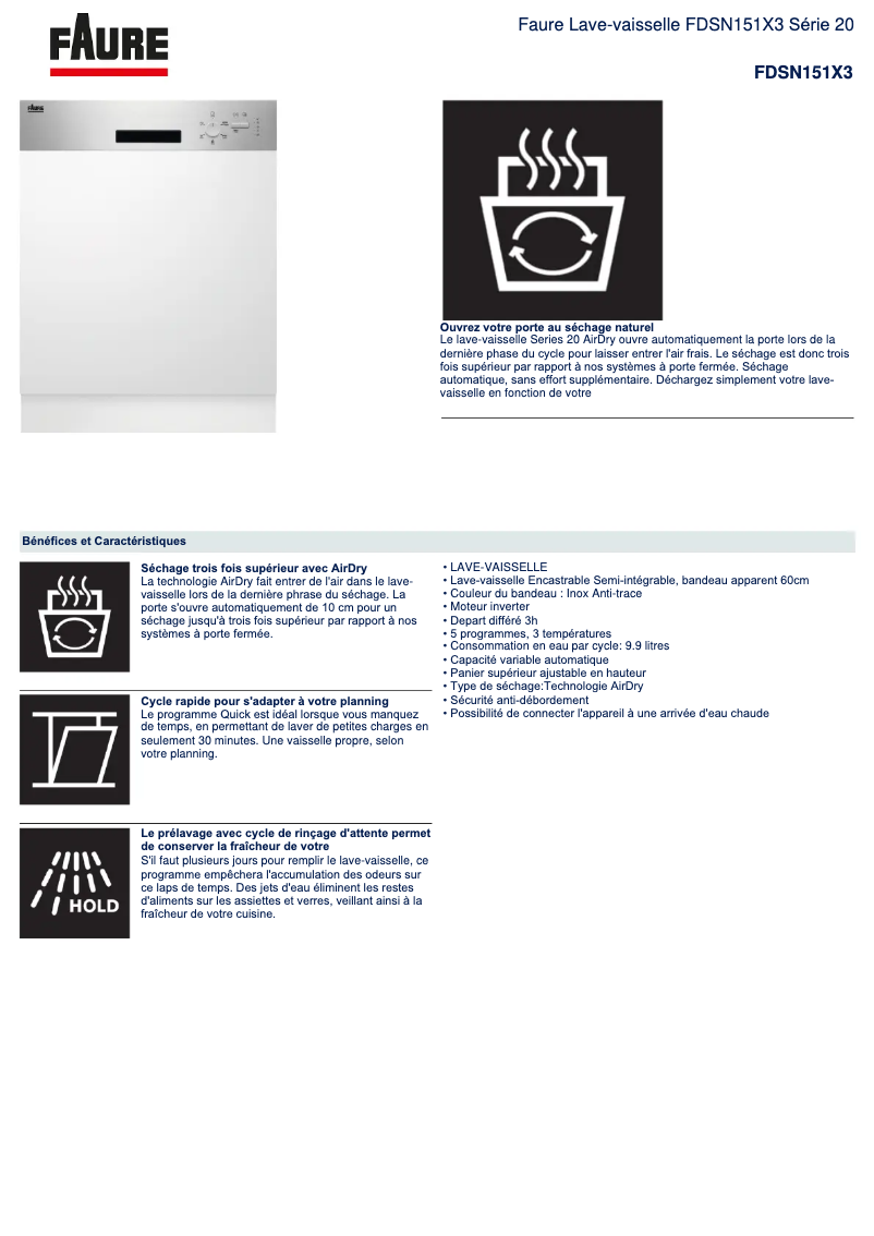 Page 1 de la notice Fiche technique Faure FDSN151X3
