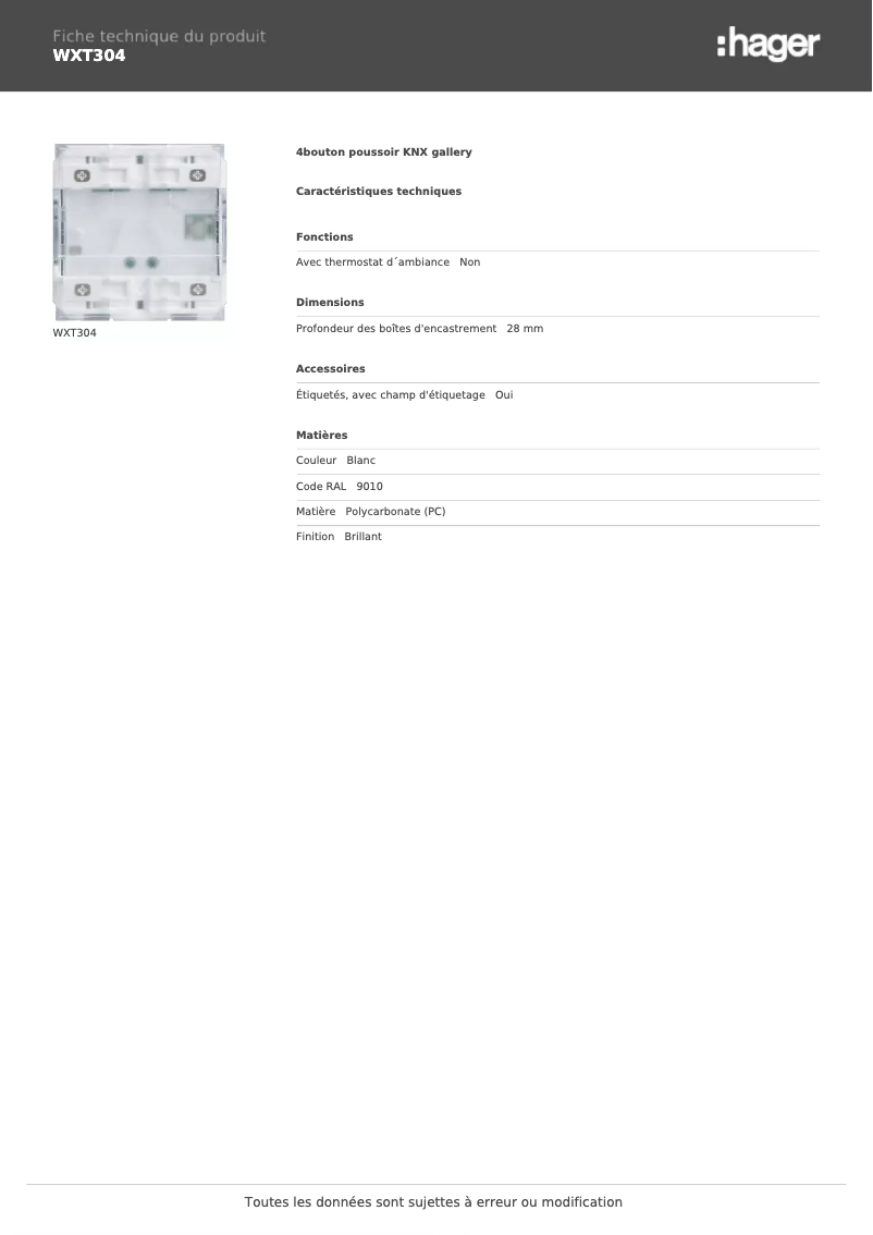 Page 1 de la notice Fiche technique Hager WXT304