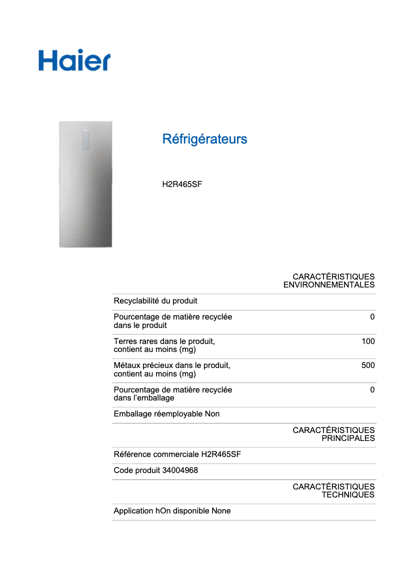 Image de la première page du manuel de l'appareil H2R465SF