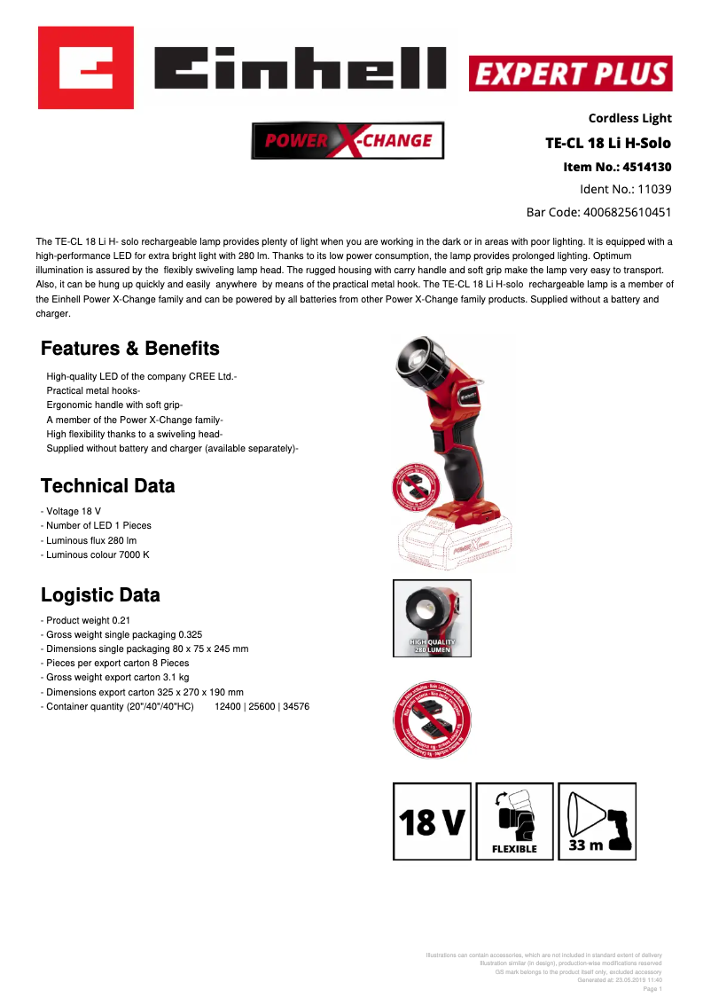 Page 1 de la notice Fiche technique Einhell TE-CL 18 Li H-Solo