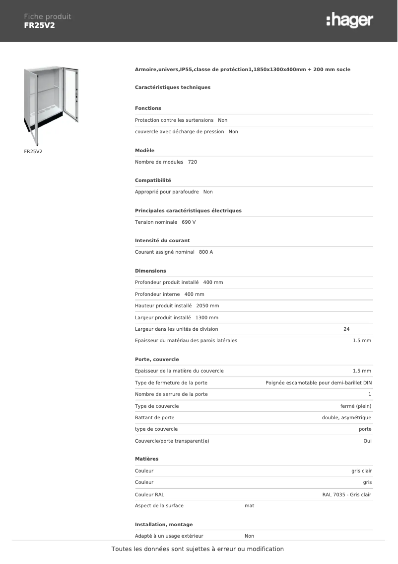 Page n°1 - Fiche technique Hager FR25V2