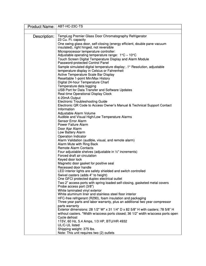Page 1 de la notice Manuel utilisateur American BioTech Supply ABT-HC-23C-TS