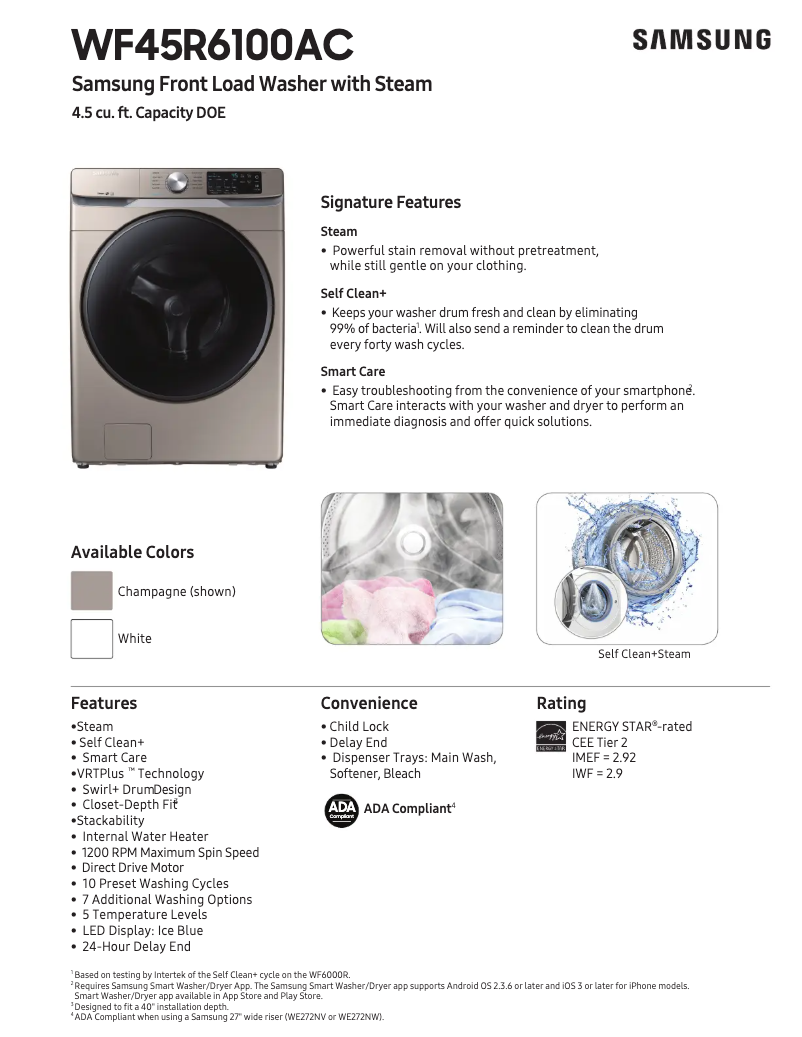 Page 1 de la notice Fiche technique Samsung WF45R6100AW