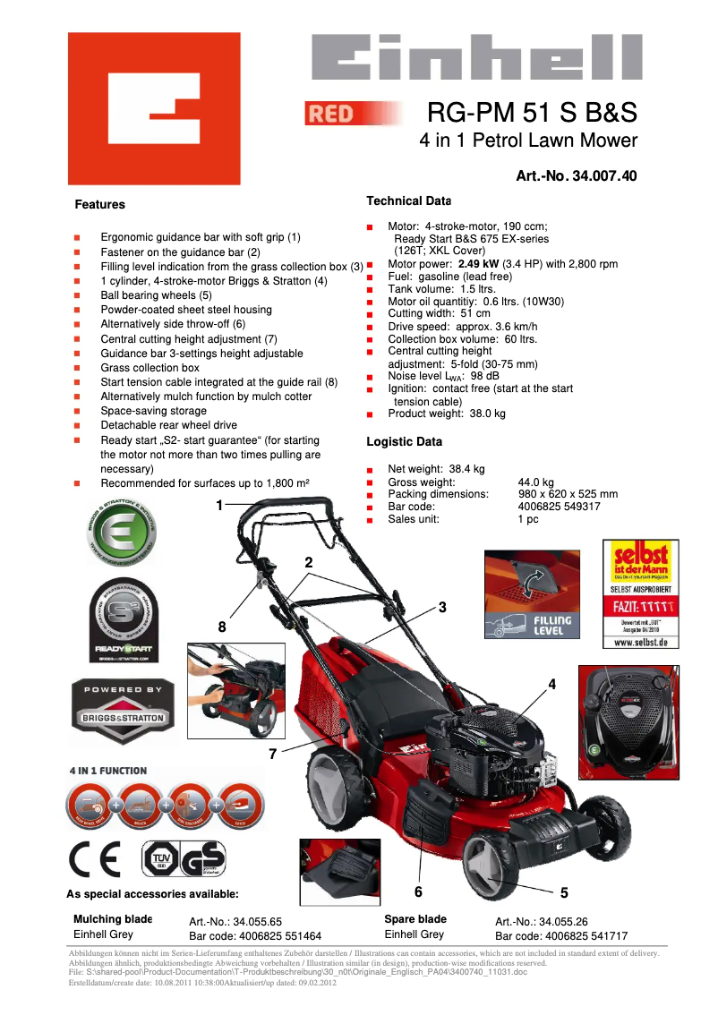 Page n°1 - Fiche technique Einhell RG-PM 51 S B&S