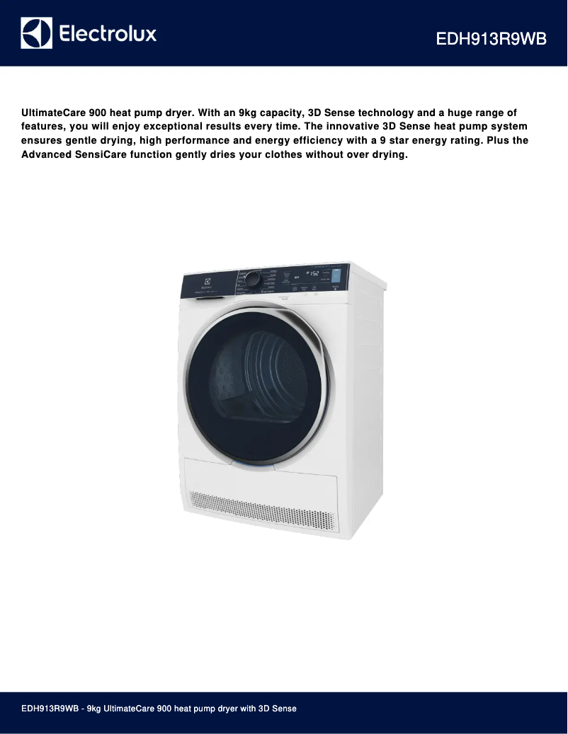 Page 1 de la notice Fiche technique Electrolux UltimateCare 900 EDH913R9WB