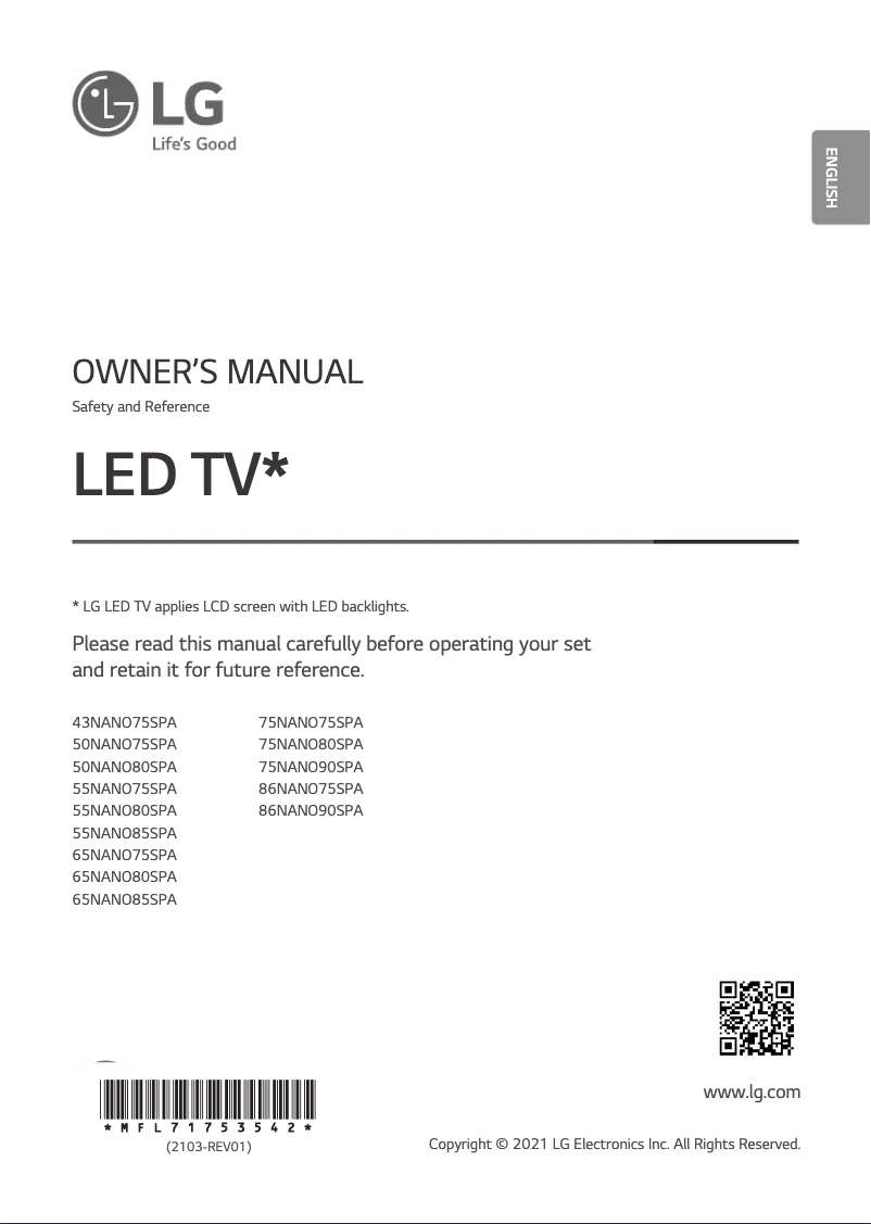 Page 1 de la notice Manuel utilisateur LG 43NANO75SPA