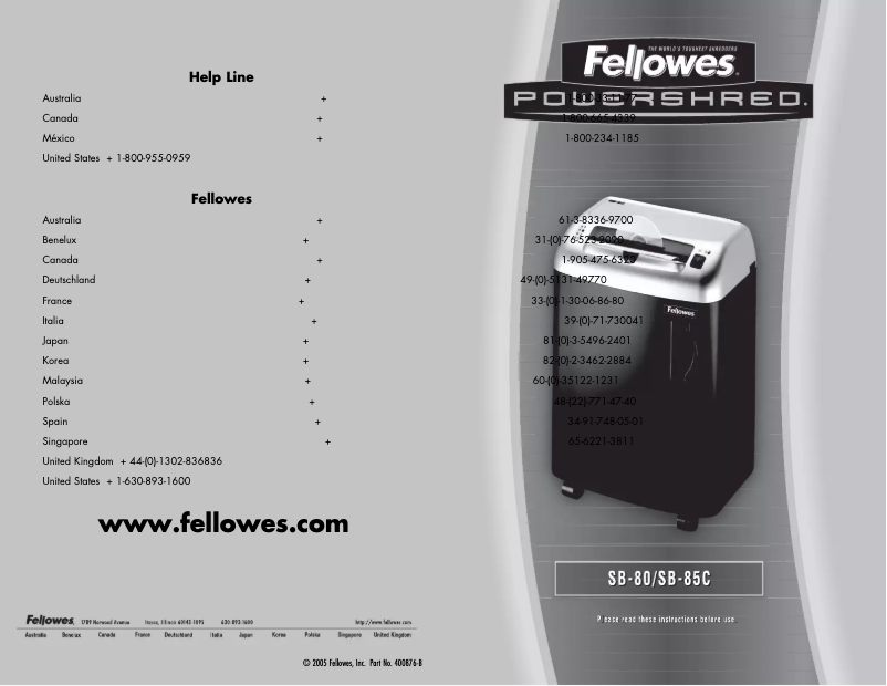 Page 1 de la notice Manuel utilisateur Fellowes Powershred SB-80