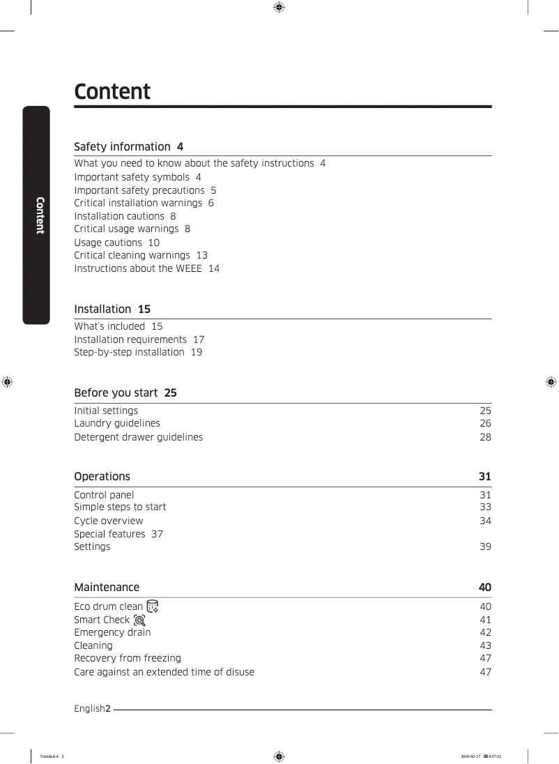 Page n°1 - Guide d'installation Samsung WW80K5210UW