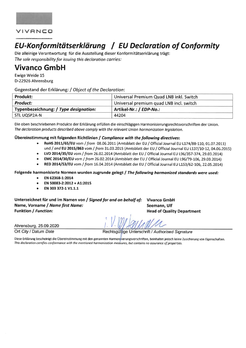 Página 1 del manual Ficha técnica Vivanco STL UQSP2A-N