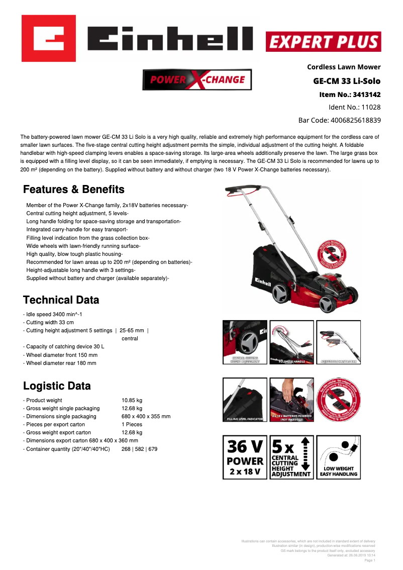 Page n°1 - Fiche technique Einhell GE-CM 33 Li-Solo
